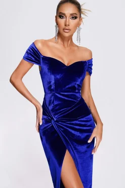 Fora do ombro Royal Blue Velvet Holiday Party Dress com fenda