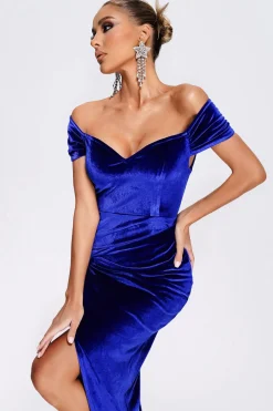 Fora do ombro Royal Blue Velvet Holiday Party Dress com fenda
