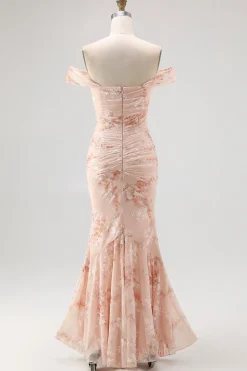 Fora do ombro sereia champanhe estampado Ruched vestido de noiva convidado