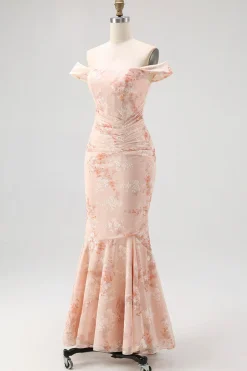 Fora do ombro sereia champanhe estampado Ruched vestido de noiva convidado