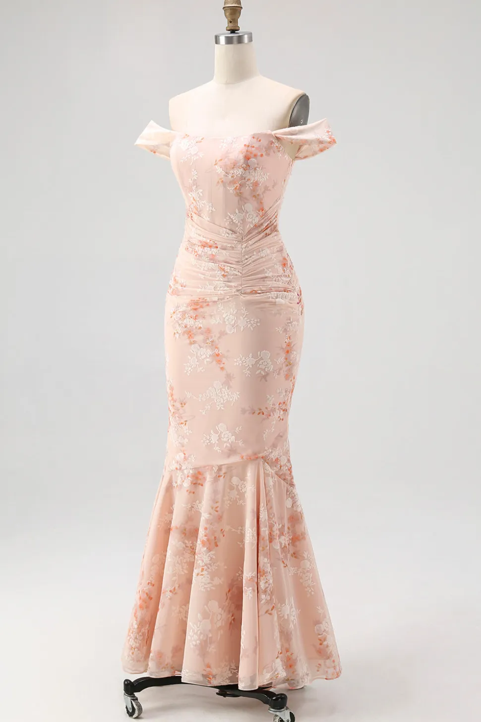Fora do ombro sereia champanhe estampado Ruched vestido de noiva convidado
