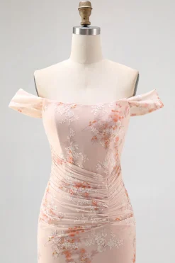 Fora do ombro sereia champanhe estampado Ruched vestido de noiva convidado