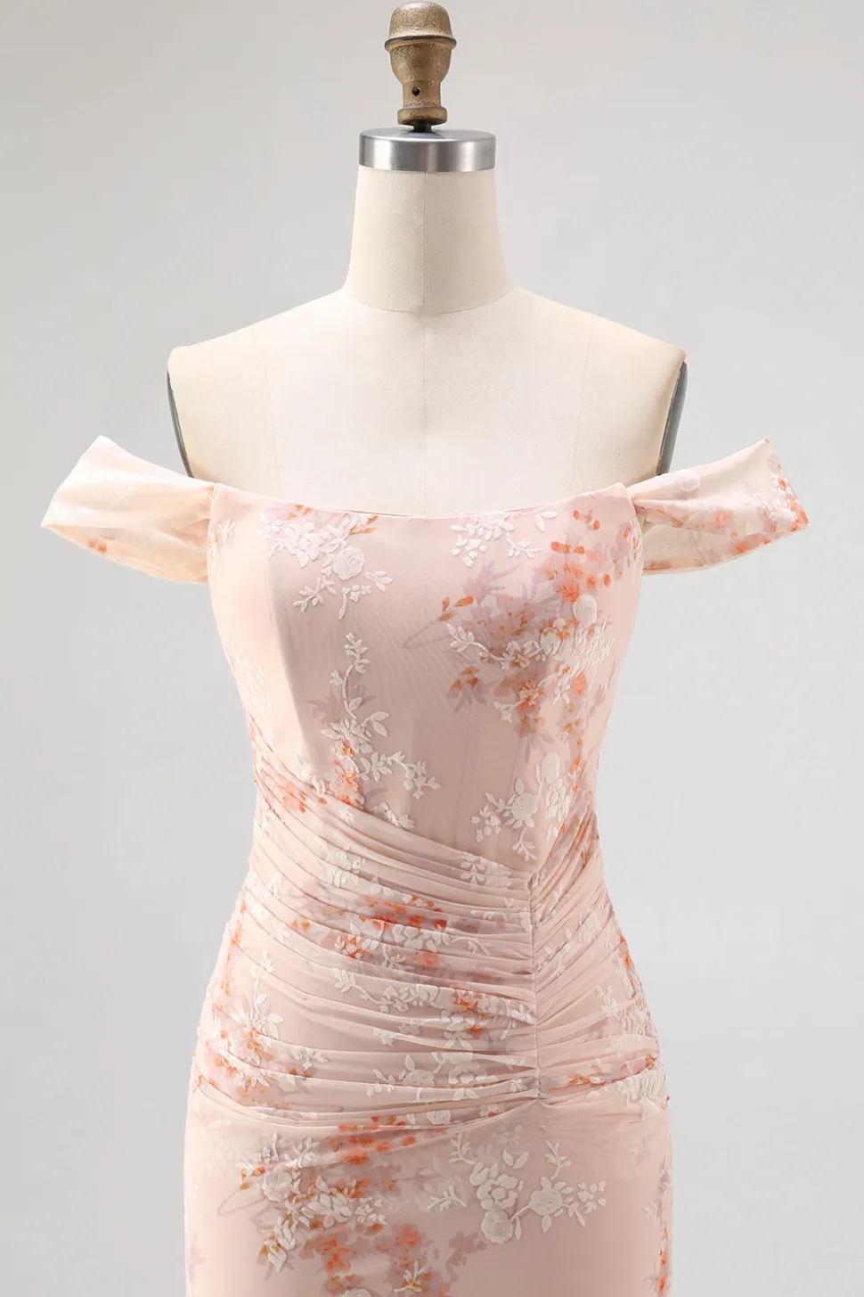 Fora do ombro sereia champanhe estampado Ruched vestido de noiva convidado
