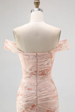 Fora do ombro sereia champanhe estampado Ruched vestido de noiva convidado