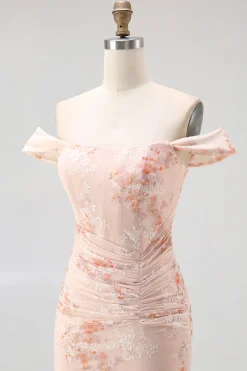 Fora do ombro sereia champanhe estampado Ruched vestido de noiva convidado