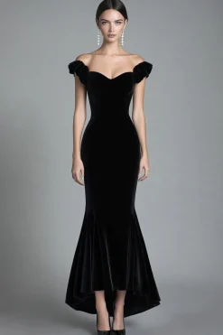 Fora do Ombro Sereia Veludo Preto Vestido Formal Longo
