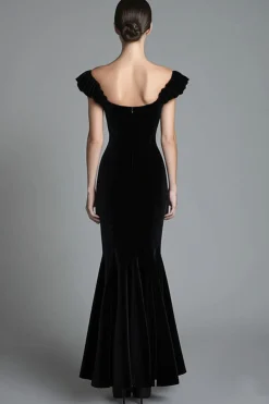 Fora do Ombro Sereia Veludo Preto Vestido Formal Longo