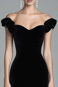 Fora do Ombro Sereia Veludo Preto Vestido Formal Longo
