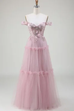 Fora do ombro tule rosa vestido de baile com apliques