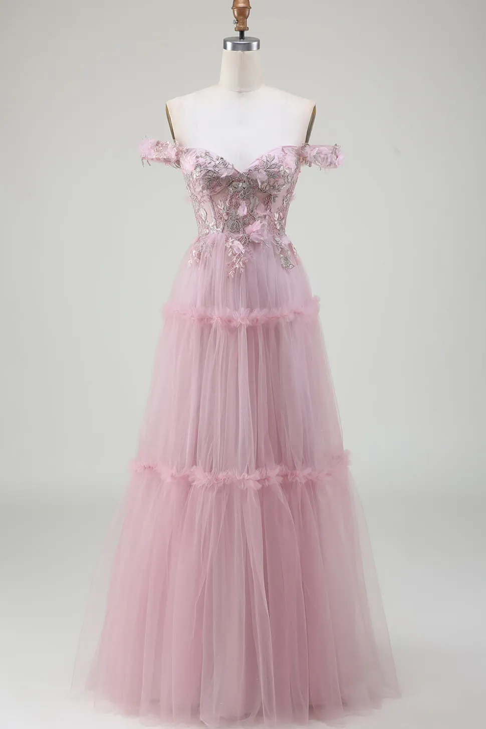 Fora do ombro tule rosa vestido de baile com apliques