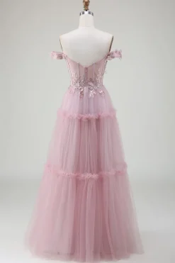 Fora do ombro tule rosa vestido de baile com apliques