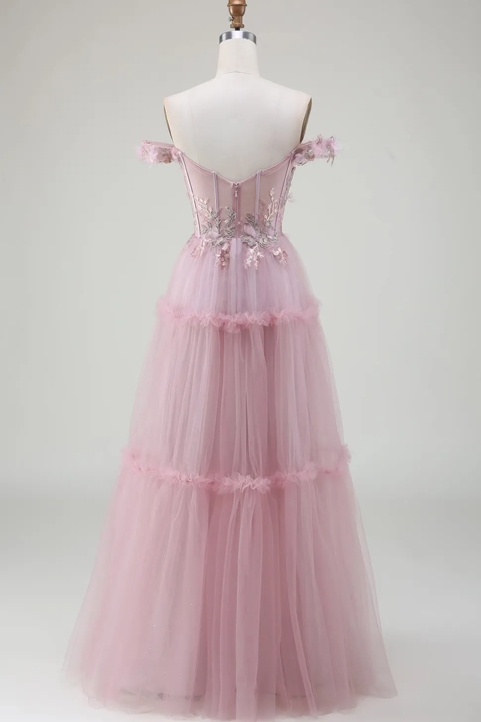 Fora do ombro tule rosa vestido de baile com apliques