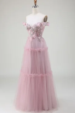 Fora do ombro tule rosa vestido de baile com apliques