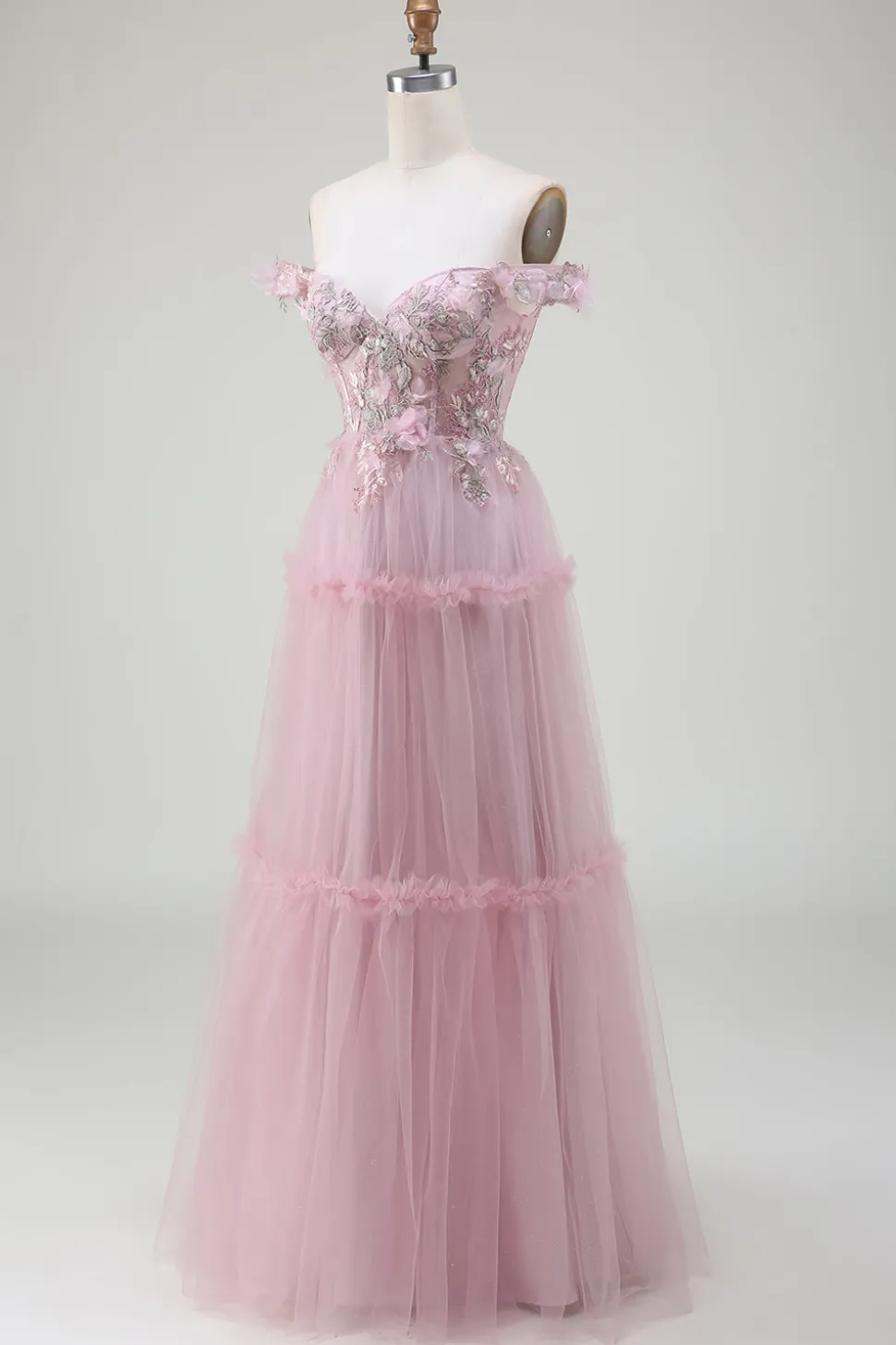 Fora do ombro tule rosa vestido de baile com apliques