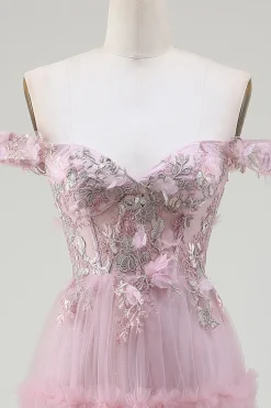 Fora do ombro tule rosa vestido de baile com apliques