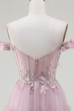 Fora do ombro tule rosa vestido de baile com apliques
