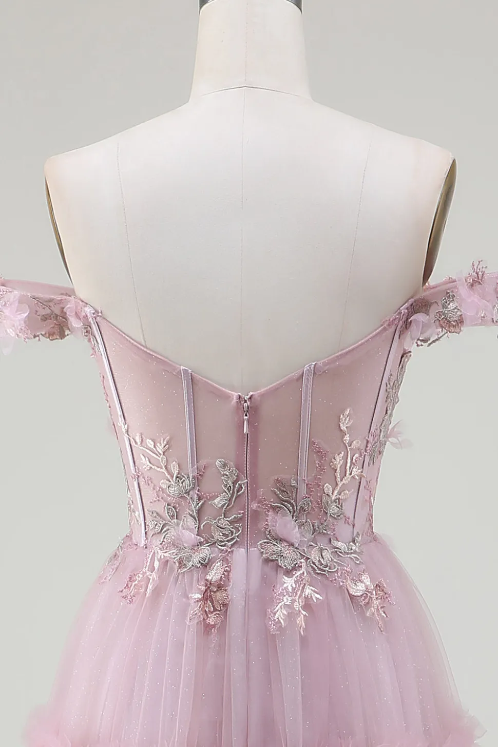 Fora do ombro tule rosa vestido de baile com apliques