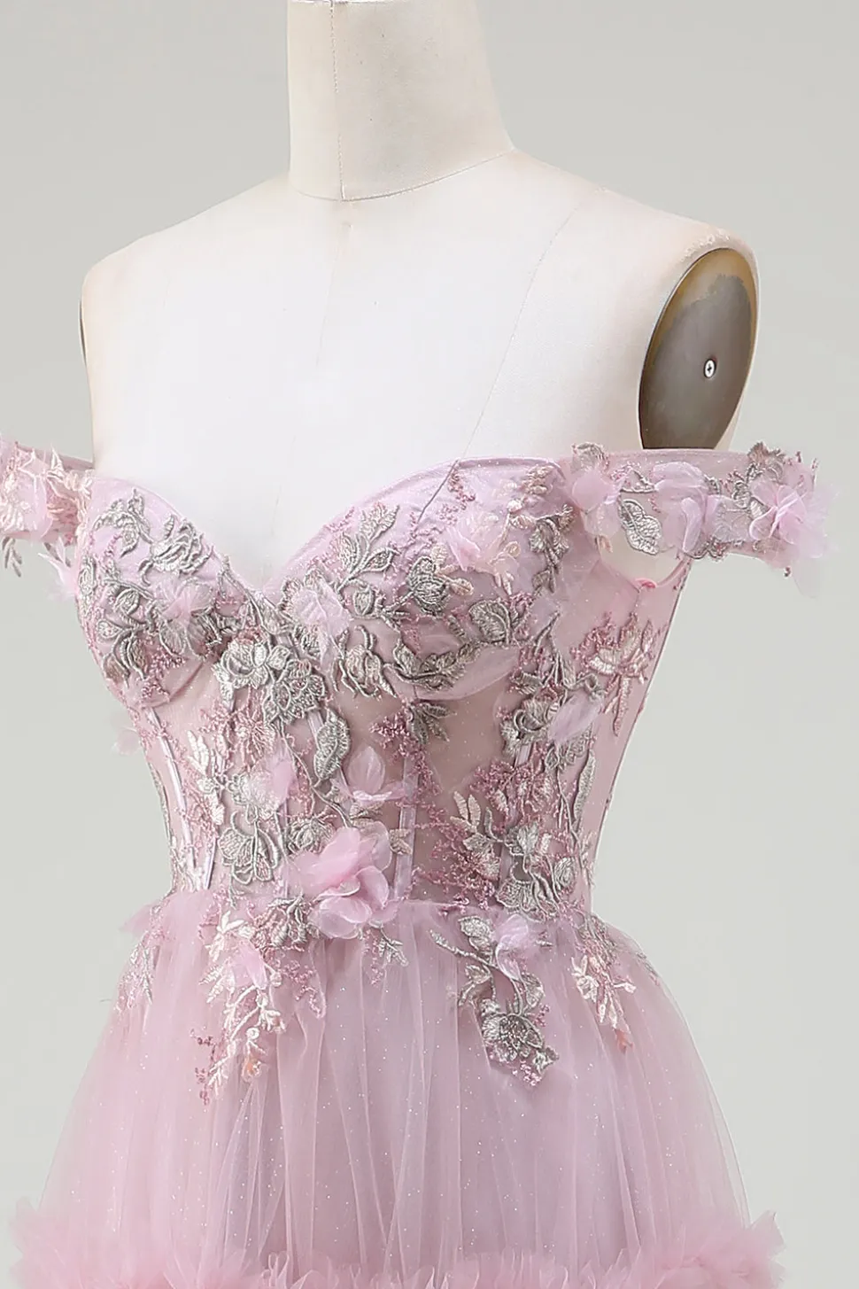 Fora do ombro tule rosa vestido de baile com apliques