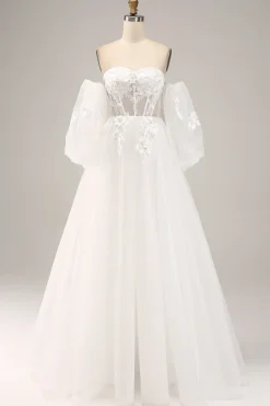 Fora do ombro tule vestido de noiva com apliques