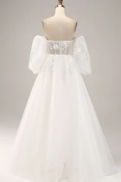 Fora do ombro tule vestido de noiva com apliques