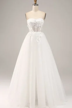 Fora do ombro tule vestido de noiva com apliques