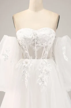 Fora do ombro tule vestido de noiva com apliques