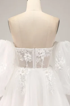 Fora do ombro tule vestido de noiva com apliques