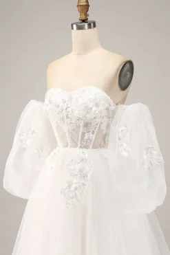 Fora do ombro tule vestido de noiva com apliques