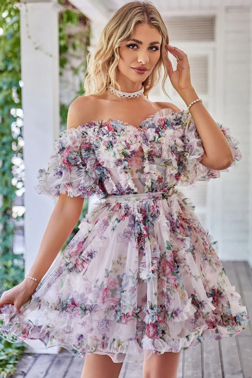 Fora do ombro Uma linha estampada bonito vestido de volta ao lar