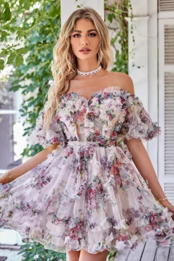 Fora do ombro Uma linha estampada bonito vestido de volta ao lar
