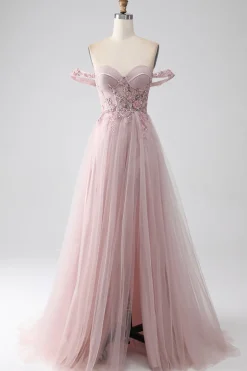 Fora do ombro uma linha vestido de baile frisado com fenda