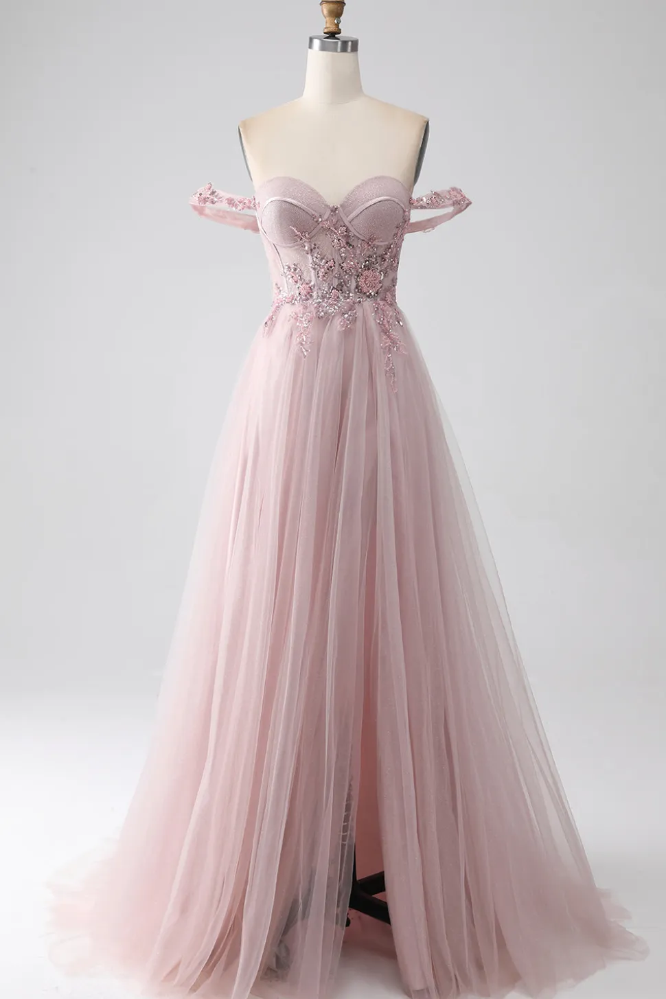 Fora do ombro uma linha vestido de baile frisado com fenda