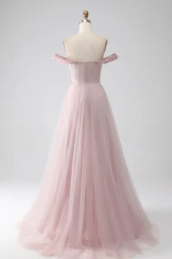 Fora do ombro uma linha vestido de baile frisado com fenda
