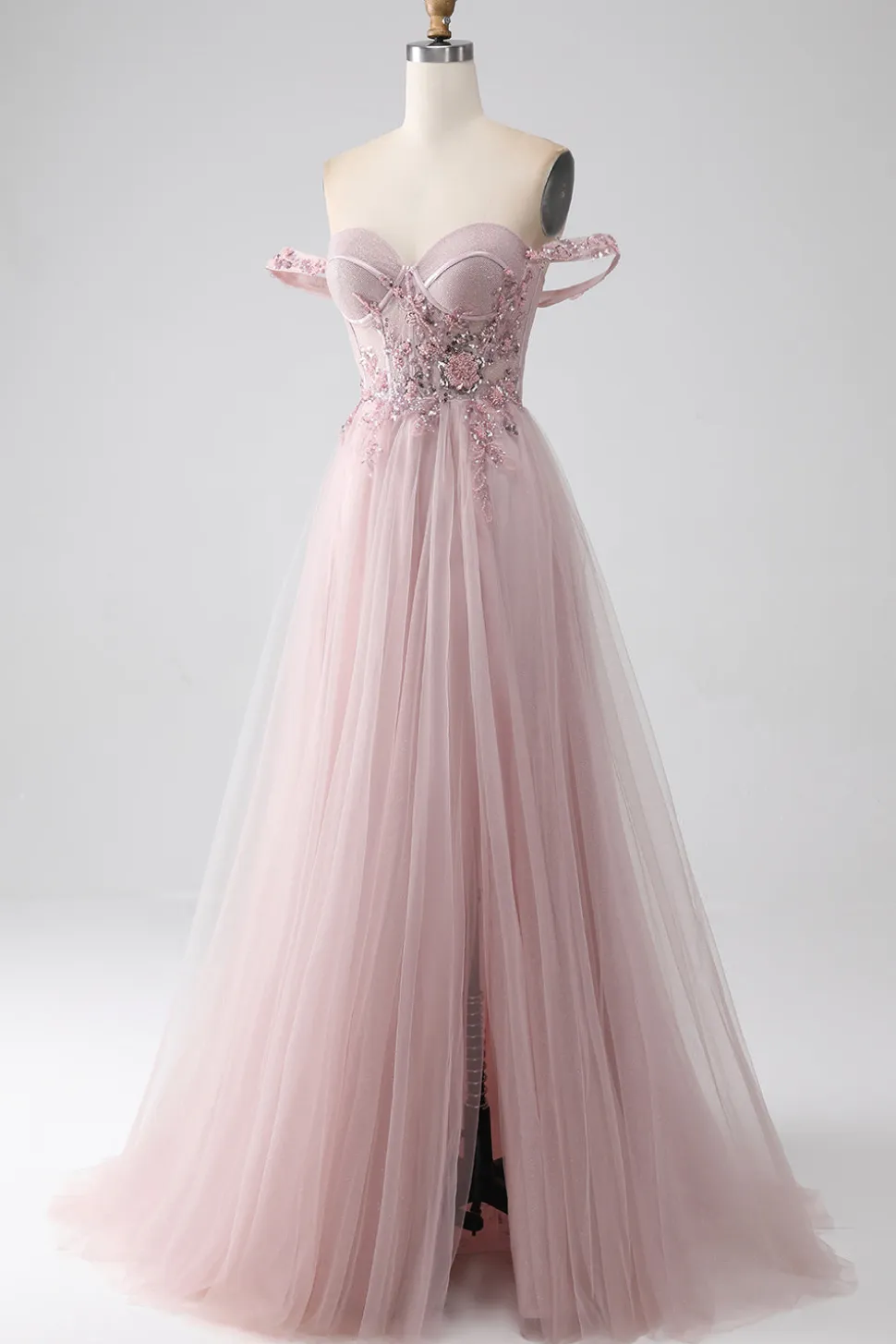 Fora do ombro uma linha vestido de baile frisado com fenda