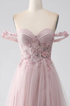 Fora do ombro uma linha vestido de baile frisado com fenda