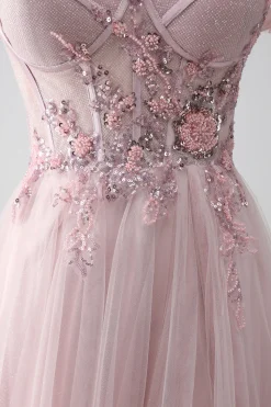 Fora do ombro uma linha vestido de baile frisado com fenda