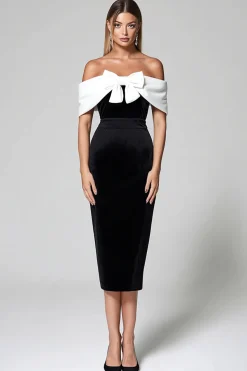 Fora do ombro Veludo Preto Bainha Branco Vestido Formal