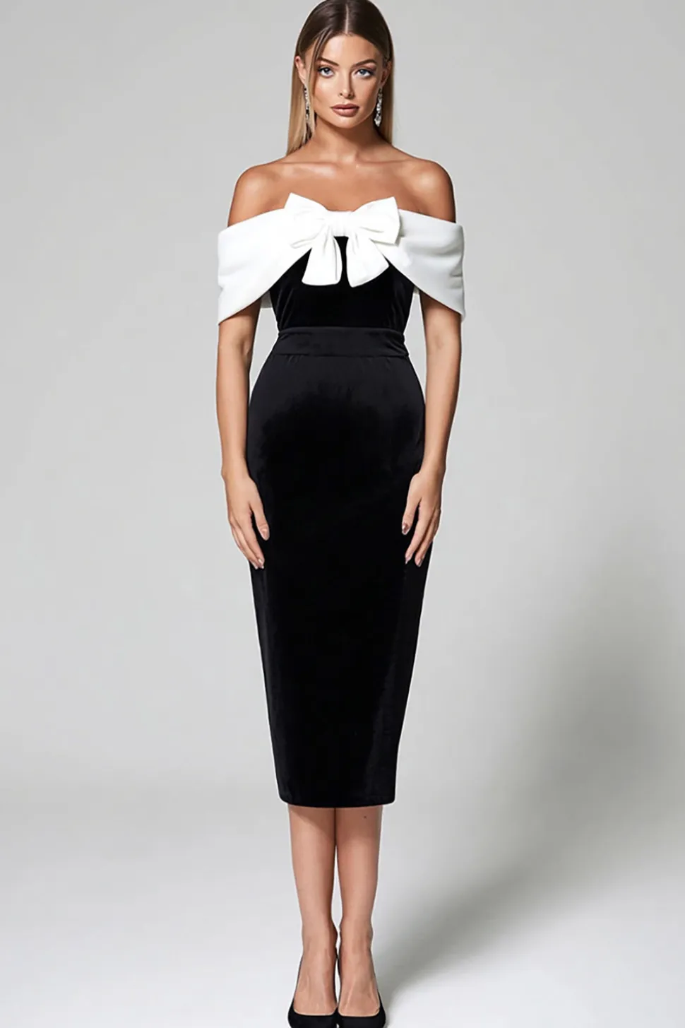 Fora do ombro Veludo Preto Bainha Branco Vestido Formal