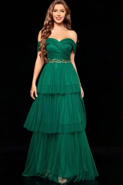 Fora do ombro verde escuro vestido de baile de formatura com babados