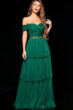 Fora do ombro verde escuro vestido de baile de formatura com babados