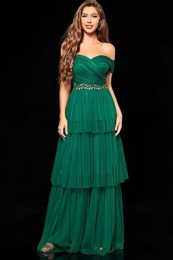 Fora do ombro verde escuro vestido de baile de formatura com babados