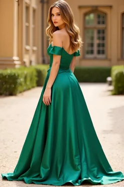 Fora do ombro verde escuro uma linha de cetim longo vestido de baile com bolsos