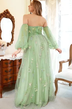 Fora do Ombro Verde Mais Tamanho Vestido de Baile Com Bordado