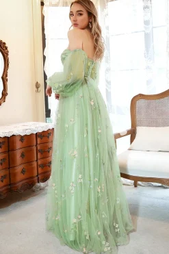 Fora do Ombro Verde Mais Tamanho Vestido de Baile Com Bordado