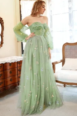 Fora do Ombro Verde Mais Tamanho Vestido de Baile Com Bordado