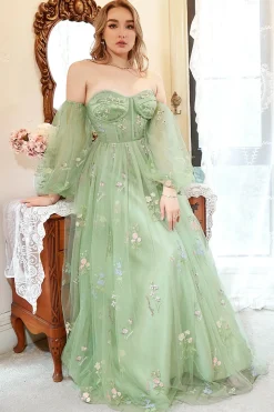 Fora do Ombro Verde Mais Tamanho Vestido de Baile Com Bordado