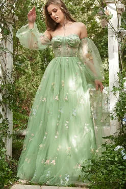 Fora do Ombro Verde Mangas Compridas Vestido de Baile