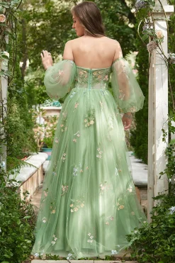 Fora do Ombro Verde Mangas Compridas Vestido de Baile