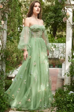 Fora do Ombro Verde Mangas Compridas Vestido de Baile