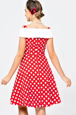 Fora do ombro vestido branco vermelho pontos